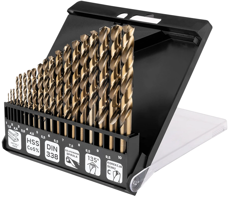 Grąžtas Neo Tools Wiertła HSS-CNC metalo grąžtai, 124°, „Pro-Tec“, 1,0–10,0 mm, 19 vnt. rinkinys