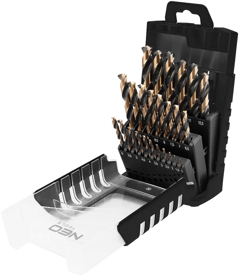 Grąžtas Neo Tools Wiertła HSS-CNC metalo grąžtai, 124°, „Pro-Tec“, 1,0–13,0 mm, 25 vnt. rinkinys