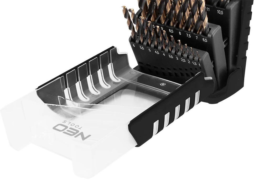 Grąžtas Neo Tools Wiertła HSS-CNC metalo grąžtai, 124°, „Pro-Tec“, 1,0–13,0 mm, 25 vnt. rinkinys