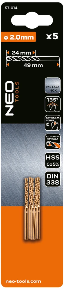 Wiertła HSS-Co 2,0 mm metalo grąžtai, 5 vnt.