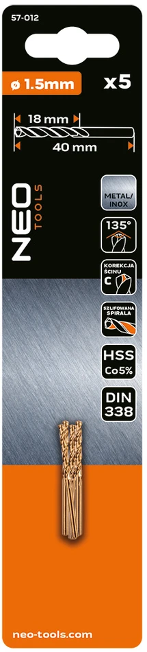 Grąžtas Wiertła HSS-Co metalo grąžtai 1,5 mm, 5 vnt.