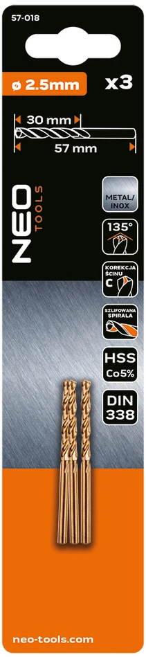 Grąžtas Neo Wiertła HSS-Co metalo grąžtai 2,5 mm, 3 vnt.