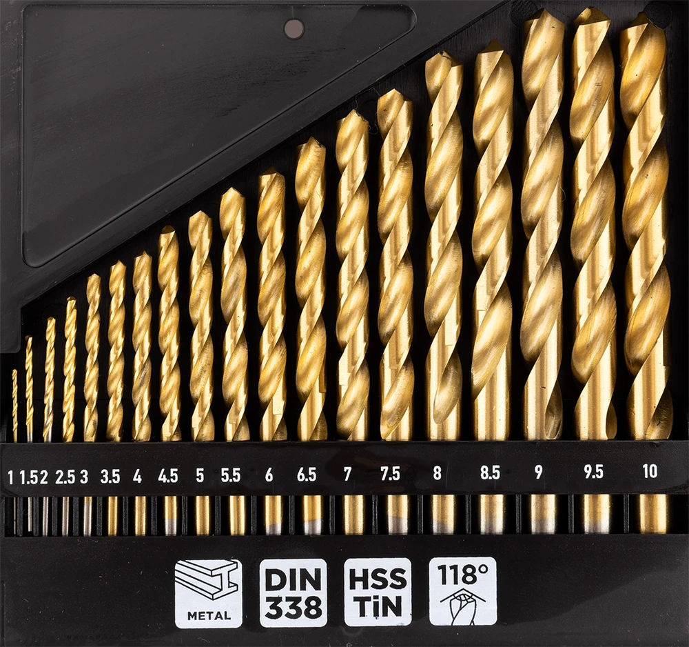 Grąžtas Wiertła HSS TiN metalo grąžtai, 1–10 mm, 19 vnt. rinkinys