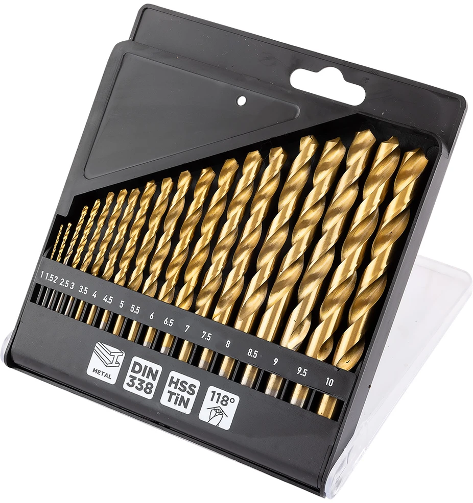 Grąžtas Wiertła HSS TiN metalo grąžtai, 1–10 mm, 19 vnt. rinkinys