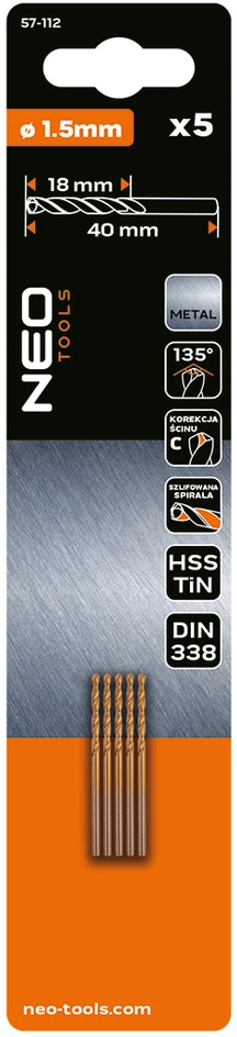 Wiertła HSS-TiN metalo grąžtai 1,5 mm, 5 vnt.