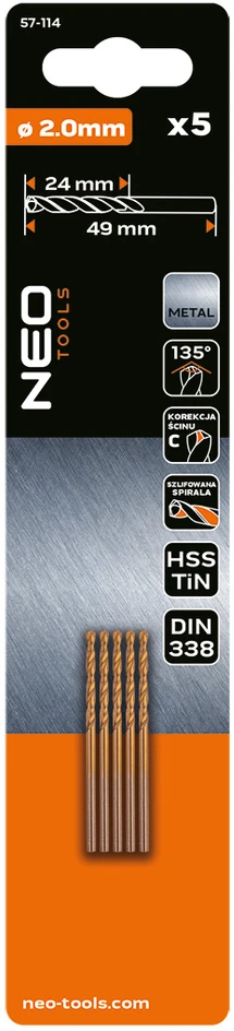 Wiertła HSS-TiN metalo grąžtai 2,0 mm, 5 vnt.