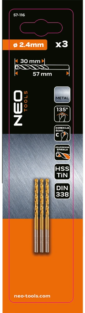 Wiertła HSS-TiN metalo grąžtai 2,4 mm, 3 vnt.