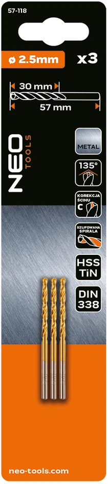 Wiertła HSS-TiN metalo grąžtai 2,5 mm, 3 vnt.