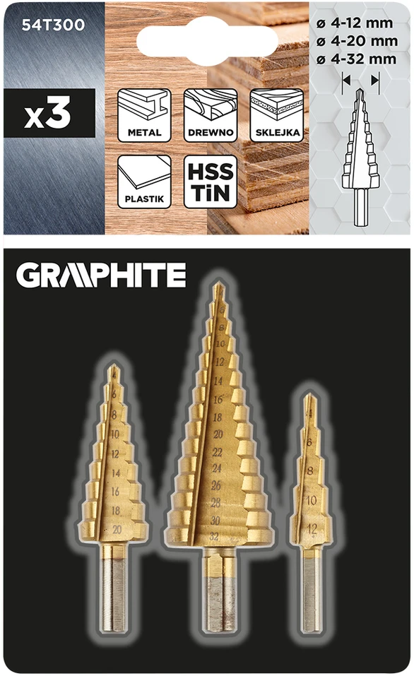 Wiertła Pakopiniai grąžtai: 4-12, 4-20, 4-32 mm, TiN, 3 vnt. rinkinys