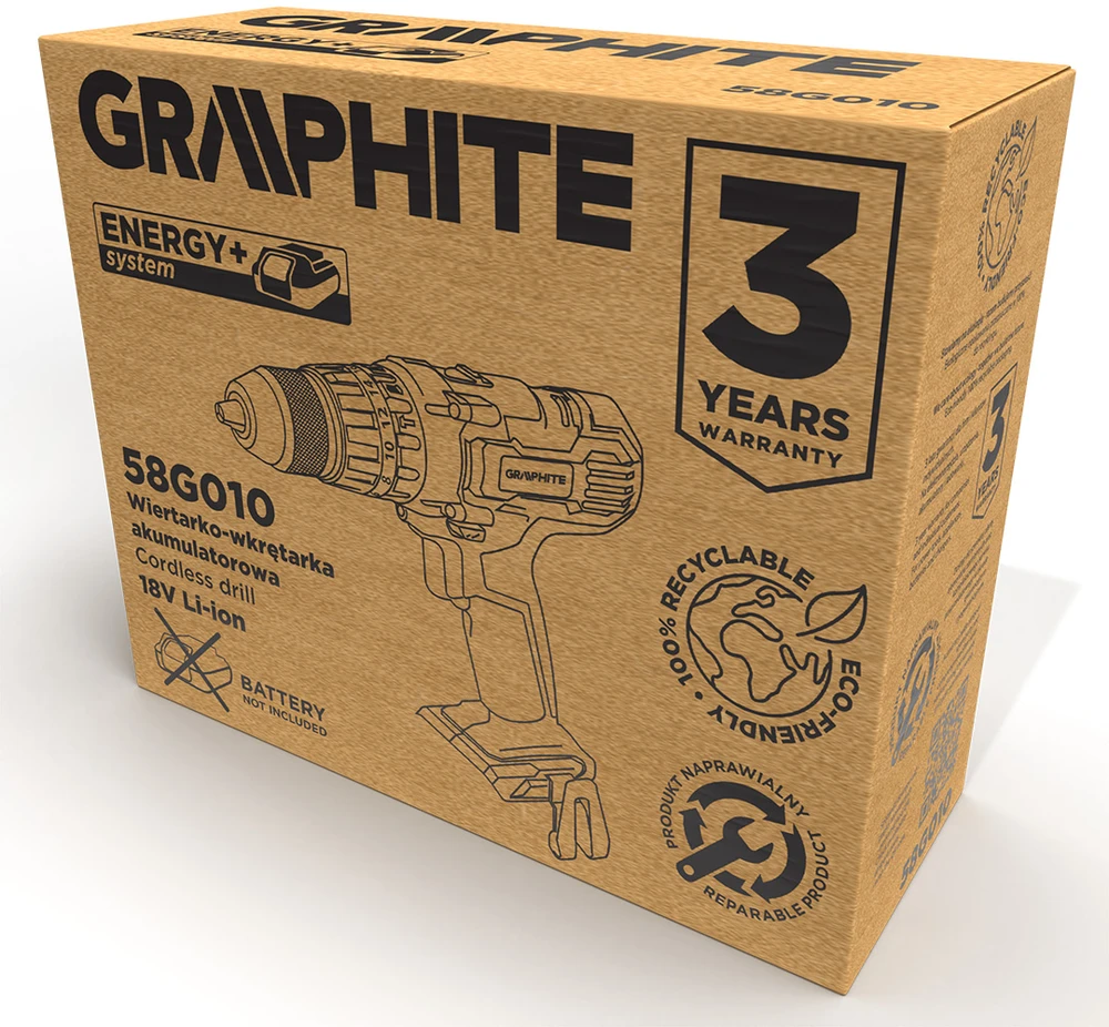 Smūginis Akumuliatorinis gręžtuvas - suktuvas GRAPHITE 58G010, 18V, be akumuliatoriaus ir kroviklio