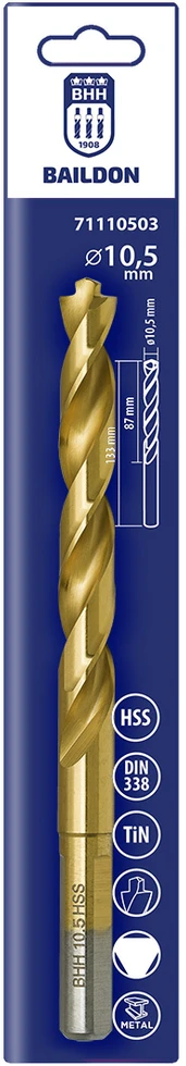 Wiertło Baildon DIN 338 RN 10,5 mm metalo grąžtas, HSS TiN (S), 133–87 mm (3 plokštumų kotas)