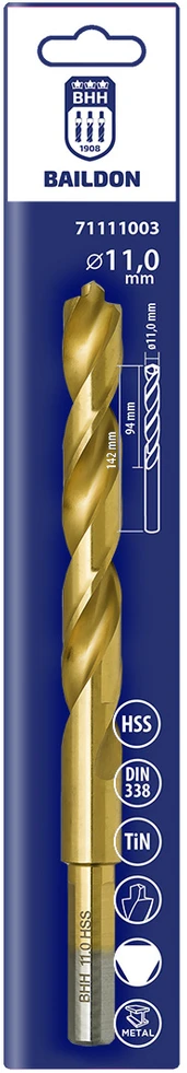 Wiertło Baildon DIN 338 RN 11 mm HSS TiN (S) metalo grąžtas, 142–94 mm (3 plokštumų kotas)