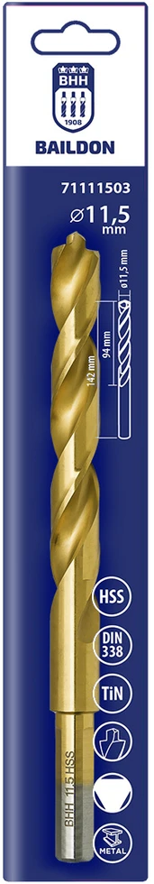 Wiertło Baildon DIN 338 RN 11,5 mm HSS TiN (S) metalo grąžtas, 142–94 mm (3 plokštumų kotas)