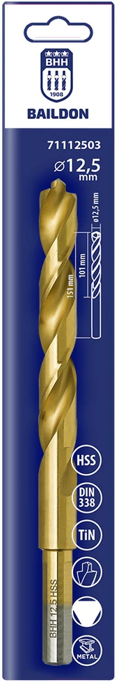 Wiertło Baildon DIN 338 RN 12,5 mm metalo grąžtas, HSS TiN (S), 151–101 mm (3 plokštumų kotas)