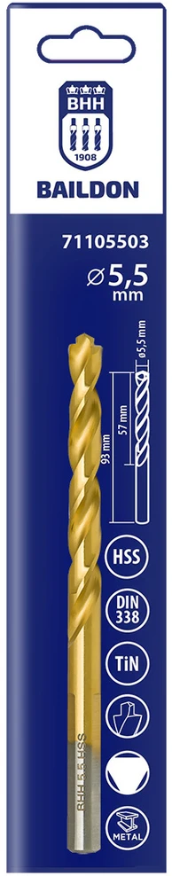 Wiertło Baildon DIN 338 RN 5,5 mm HSS TiN (S) metalo grąžtas, 93–57 mm (3 plokščių kotų)