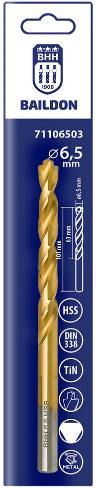 Wiertło Baildon DIN 338 RN 6,5 mm metalo grąžtas, HSS TiN (S), 101–63 mm (3 plokštumų kotas)
