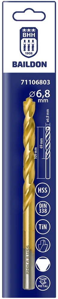 Wiertło Baildon DIN 338 RN 6,8 mm metalo grąžtas, HSS TiN (S), 109–69 mm (3 plokštumų kotas)