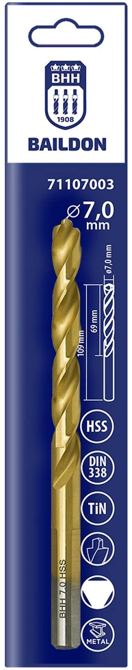 Wiertło Baildon DIN 338 RN 7 mm HSS TiN (S) metalo grąžtas, 109–69 mm (3 plokštumų kotas)