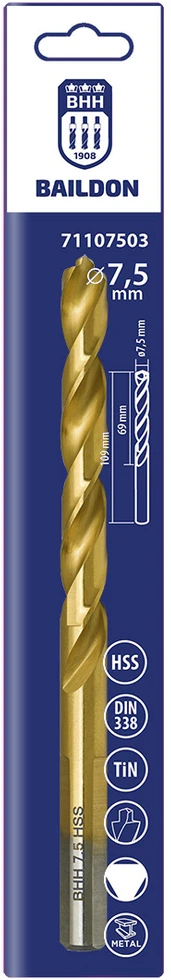 Wiertło Baildon DIN 338 RN 7,5 mm metalo grąžtas, HSS TiN (S), 109–69 mm (3 plokštumų kotas)