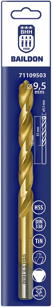 Wiertło Baildon DIN 338 RN 9,5 mm HSS TiN (S) metalo grąžtas, 125–81 mm (3 plokštumų kotas)