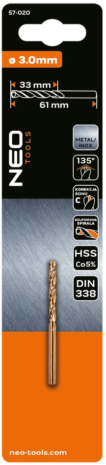 Wiertło HSS-Co metalo grąžtas, 3,0 mm