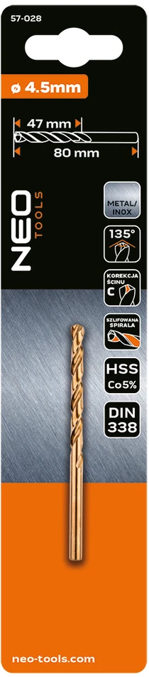 Wiertło HSS-Co metalo grąžtas, 4,5 mm