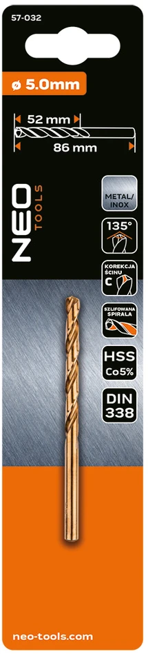 Wiertło HSS-Co metalo grąžtas, 5,0 mm