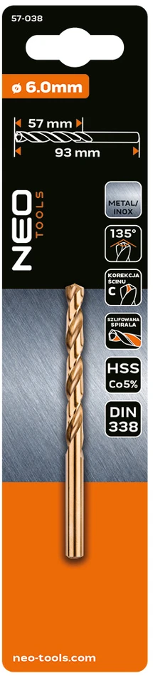 Wiertło HSS-Co metalo grąžtas, 6,0 mm