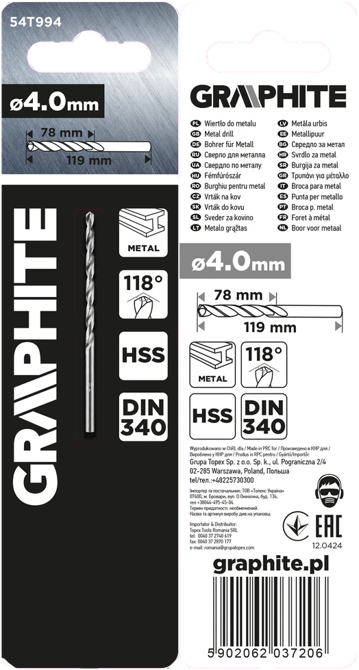 Wiertło HSS metalo grąžtas, DIN 340, prailgintas, 4 mm