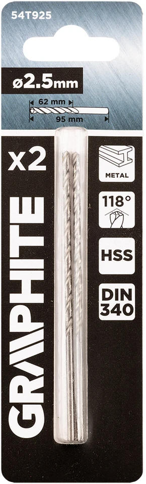 Graphite Wiertło HSS metalo grąžtas, DIN 340, prailgintas, 2,5 mm, 2 vnt.