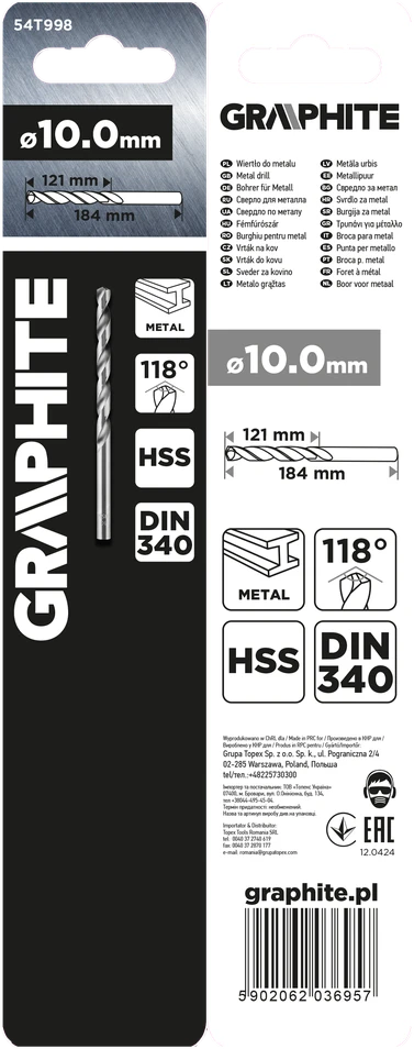 Wiertło HSS metalo grąžtas, DIN 340, prailgintas, 10 mm