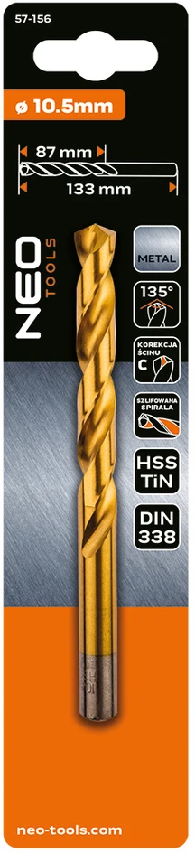 „Neo Tools“ HSS-TiN metalo grąžtas, 10,5 mm