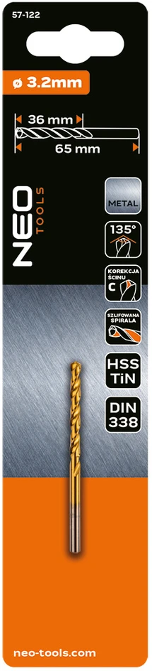 Wiertło HSS-TiN metalo grąžtas, 3,2 mm