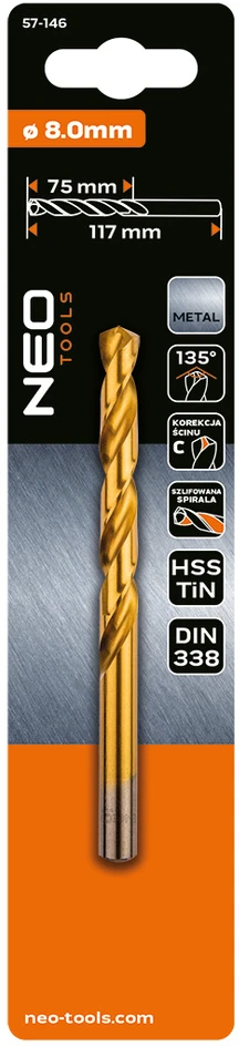 Wiertło HSS-TiN metalo grąžtas, 8,0 mm