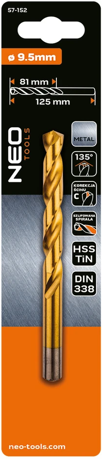 Wiertło HSS-TiN metalo grąžtas, 9,5 mm