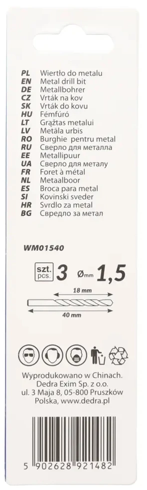 Grąžtas Dedra Grtas metalui 3 vnt HSS DIN338 15x40mm