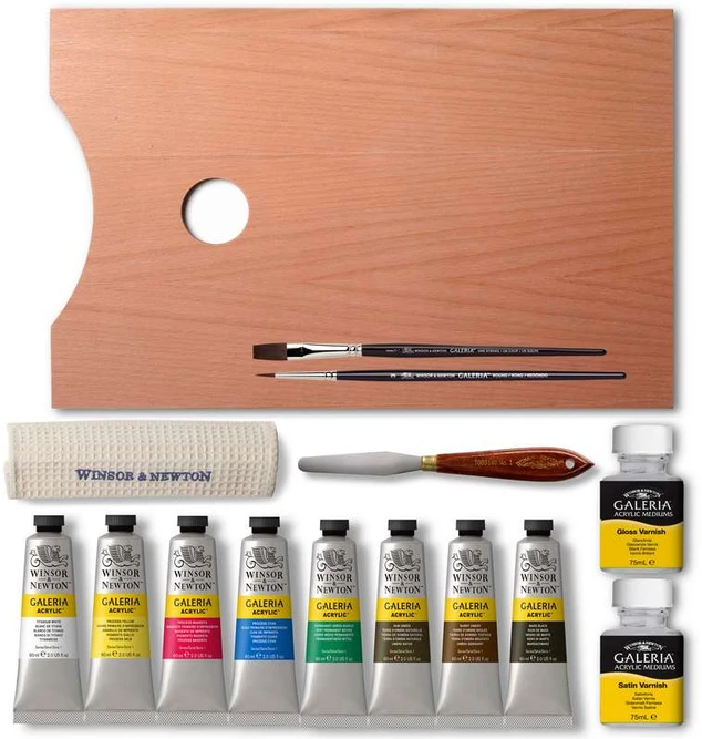 „Winsor Newton“ – „Galeria“ akrilinių medinių dažų rinkinys, 8 x 60 ml + priedai (839986)