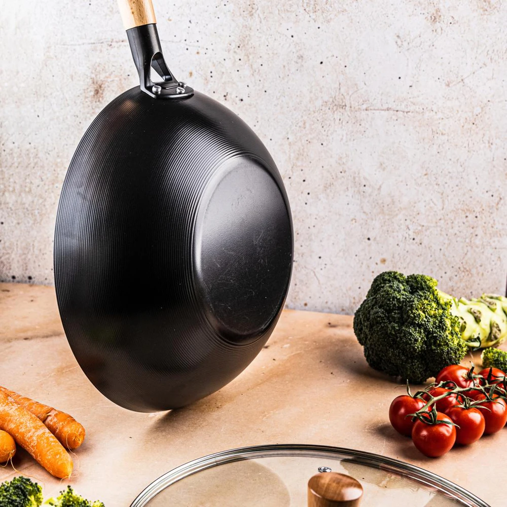 King Hoff Wok Keptuvė su dangčiu, 30 cm, anglinio plieno, marmurinė nelimpanti danga, medinė rankena, „Kinghoff“, kh-1984