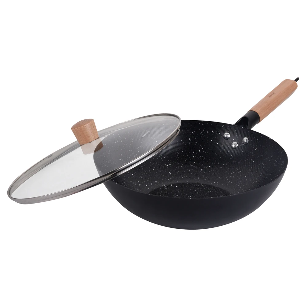 King Hoff Wok Keptuvė su dangčiu, 30 cm, anglinio plieno, marmurinė nelimpanti danga, medinė rankena, „Kinghoff“, kh-1984