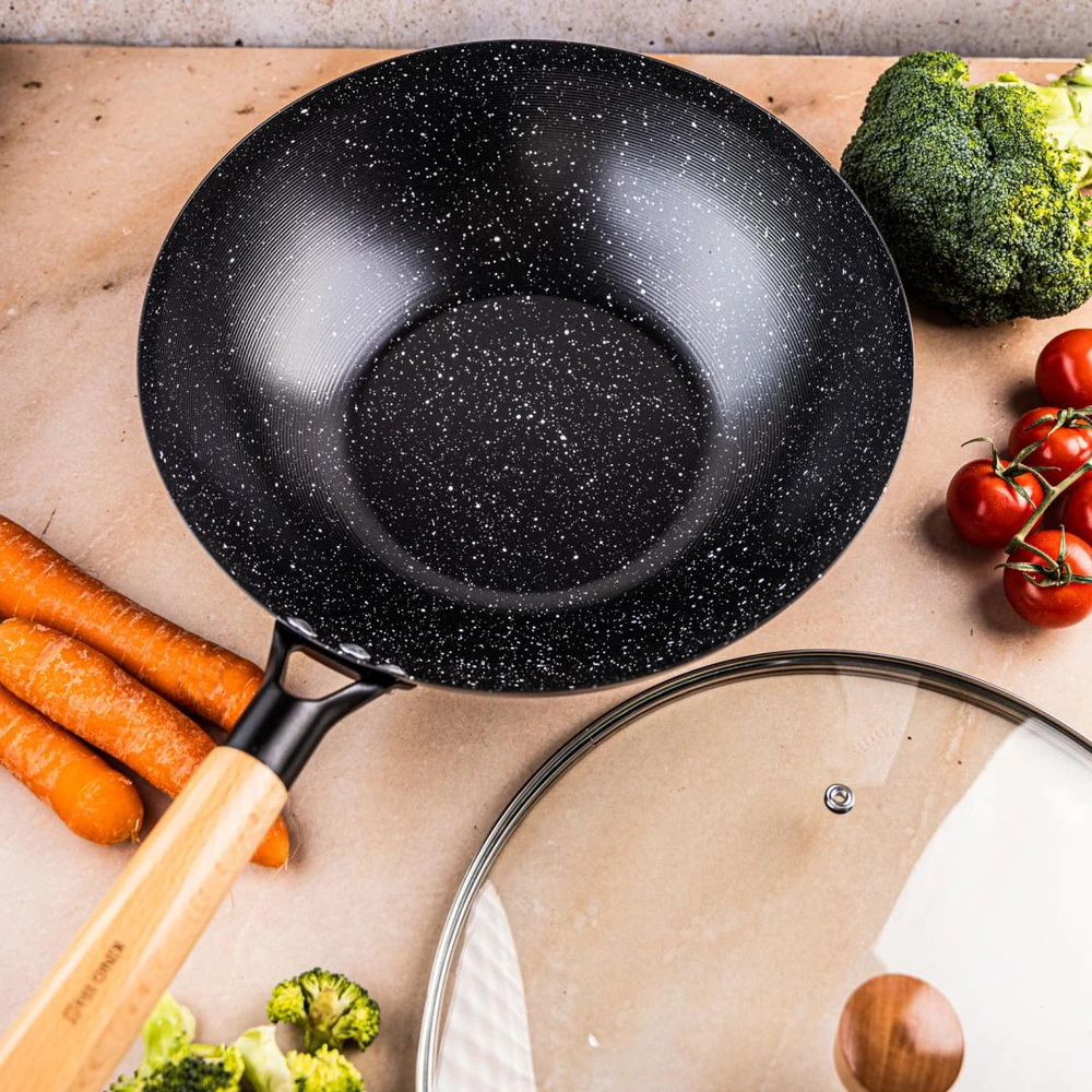 King Hoff Wok Keptuvė su dangčiu, 30 cm, anglinio plieno, marmurinė nelimpanti danga, medinė rankena, „Kinghoff“, kh-1984