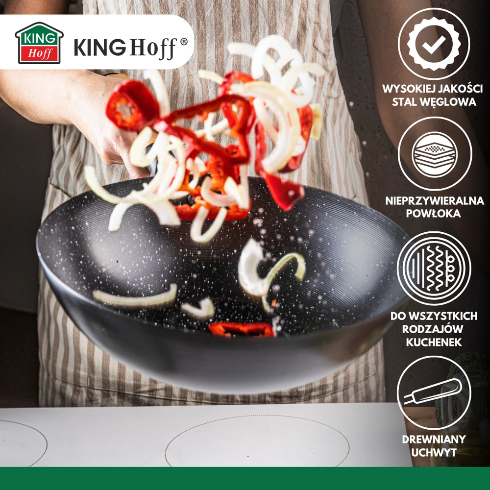King Hoff Wok Keptuvė su dangčiu, 30 cm, anglinio plieno, marmurinė nelimpanti danga, medinė rankena, „Kinghoff“, kh-1984