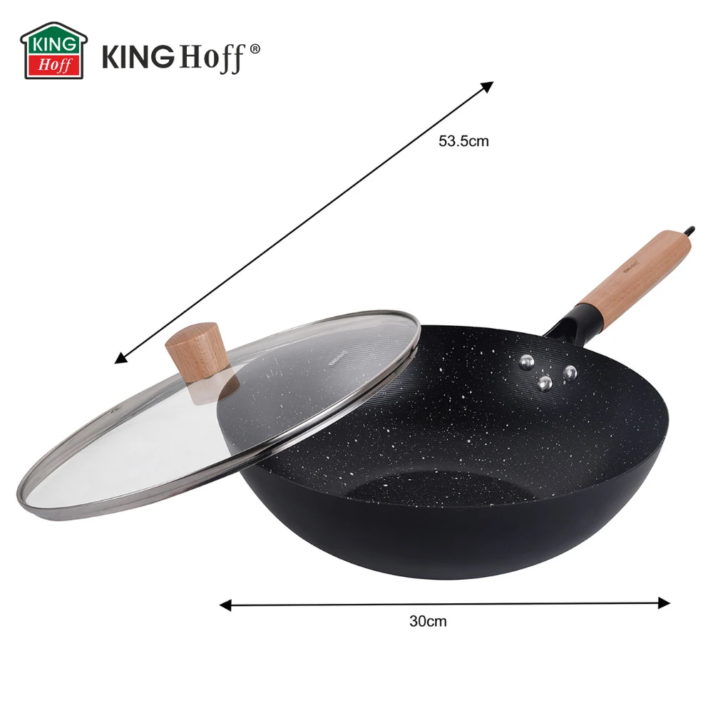 King Hoff Wok Keptuvė su dangčiu, 30 cm, anglinio plieno, marmurinė nelimpanti danga, medinė rankena, „Kinghoff“, kh-1984