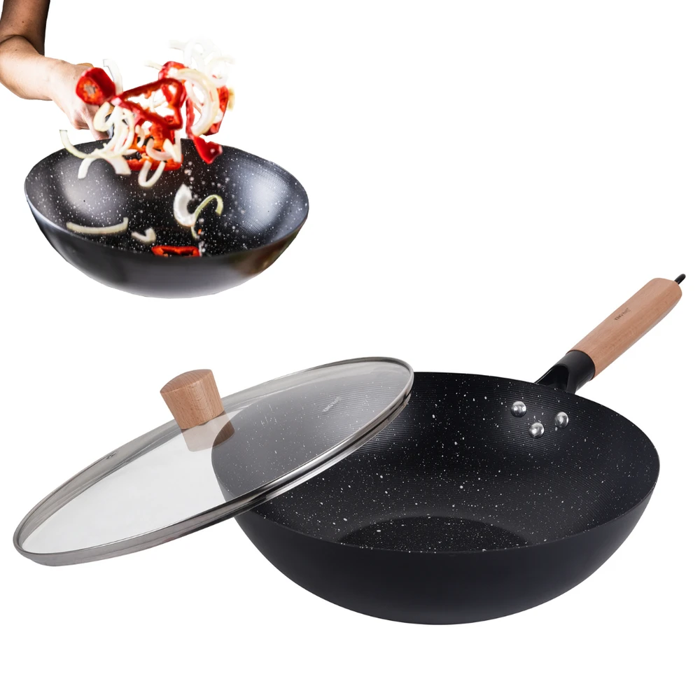 King Hoff Wok Keptuvė su dangčiu, 30 cm, anglinio plieno, marmurinė nelimpanti danga, medinė rankena, „Kinghoff“, kh-1984