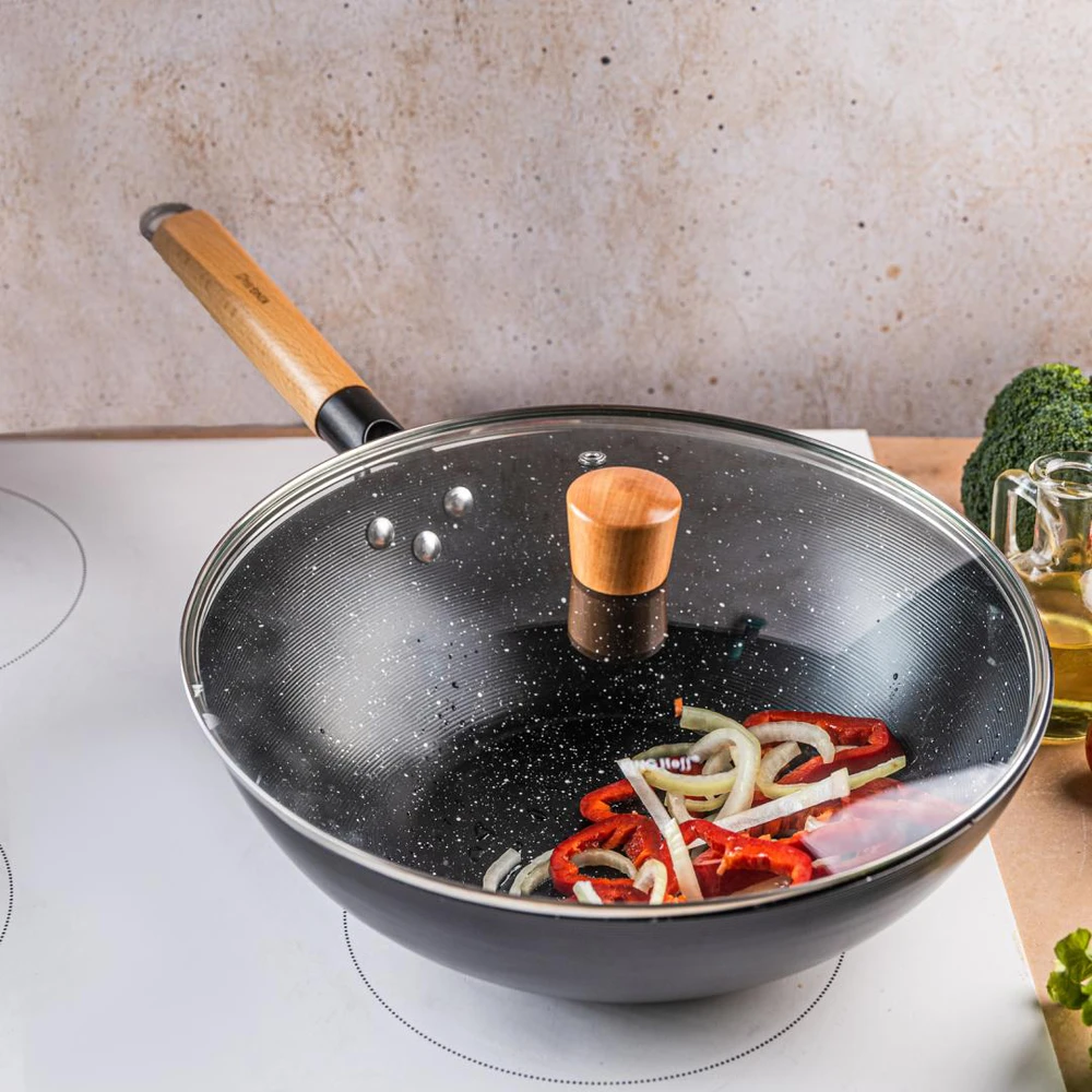 King Hoff Wok Keptuvė su dangčiu, 30 cm, anglinio plieno, marmurinė nelimpanti danga, medinė rankena, „Kinghoff“, kh-1984