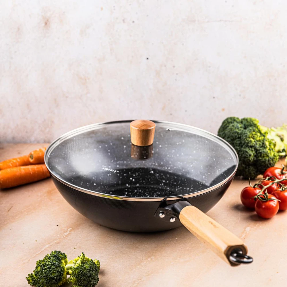 King Hoff Wok Keptuvė su dangčiu, 30 cm, anglinio plieno, marmurinė nelimpanti danga, medinė rankena, „Kinghoff“, kh-1984