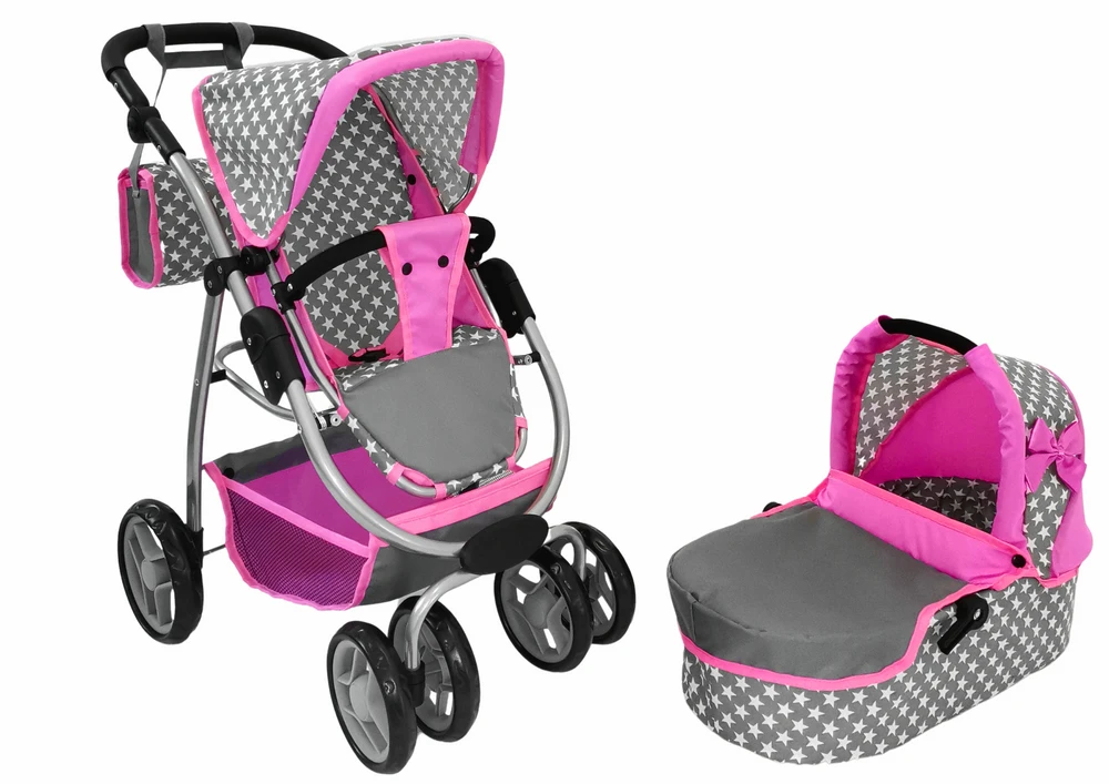 Alice Lėlių vežimėlis Lean Toys 2in1 su krepšiu, pilkas