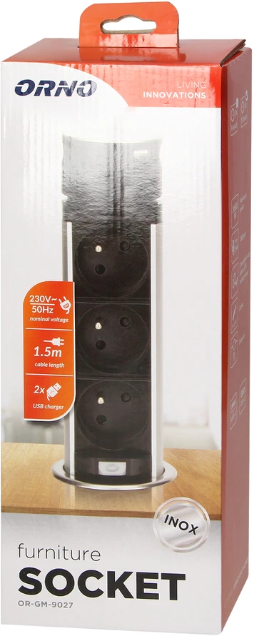 Orno Wpuszczane Įleidžiamas baldų lizdas Ø6cm su USB įkrovikliu ir 1,5m laidu, 3x2P+Z, 2xUSB (A ir C tipo), INOX