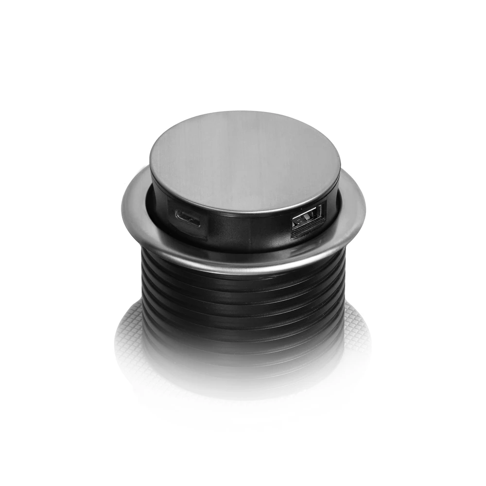 Orno Wpuszczane Įleidžiamas baldų lizdas Ø6cm su USB įkrovikliu ir 1,5m laidu, 3x2P+Z, 2xUSB (A ir C tipo), INOX