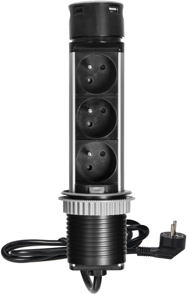 Orno Wpuszczane Įleidžiamas baldų lizdas Ø6cm su USB įkrovikliu ir 1,5m laidu, 3x2P+Z, 2xUSB (A ir C tipo), INOX