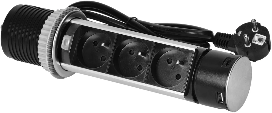 Orno Wpuszczane Įleidžiamas baldų lizdas Ø6cm su USB įkrovikliu ir 1,5m laidu, 3x2P+Z, 2xUSB (A ir C tipo), INOX